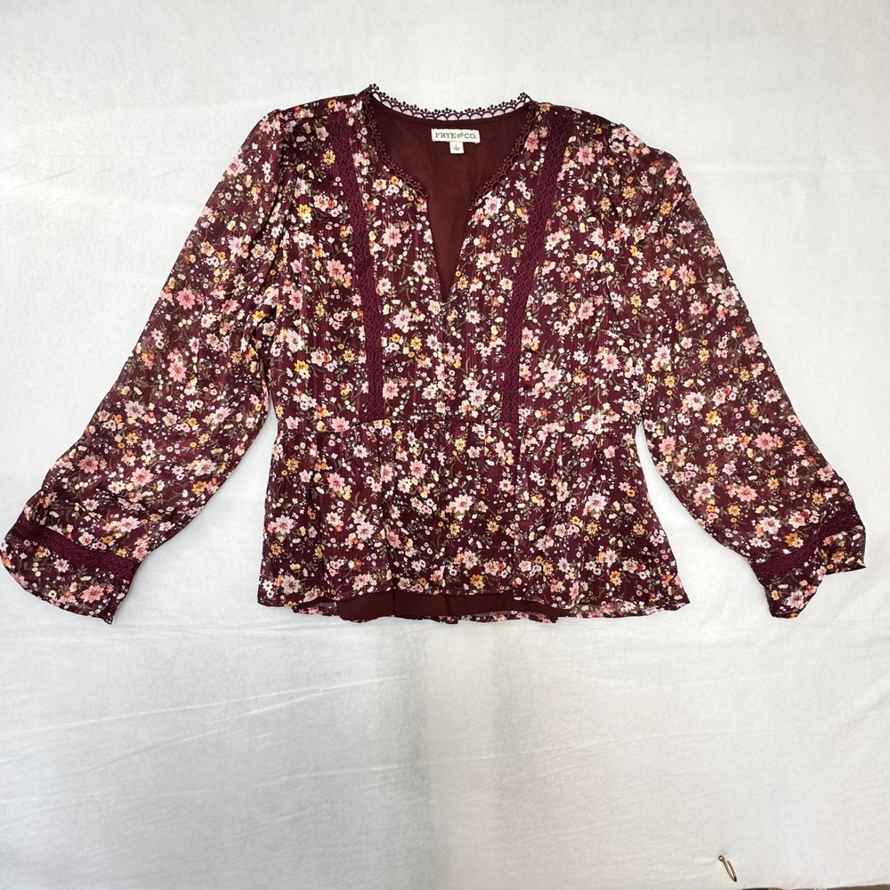 Frye & Co Burgundy Floral Lurex Peplum Top Women Large Crochet Lace V-Neck Lined